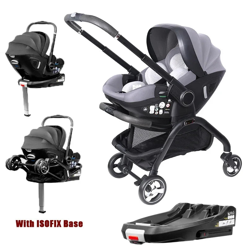 4-in-1 Baby Stroller, Child Car Seat with ISOFIX Base, Luxury Portable and Lightweight Newborn Stroller
