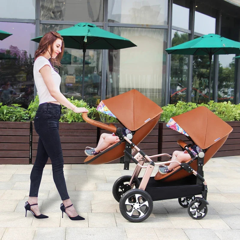 2025 New Twin baby strollers,Eggshel Double baby strollers,Luxury leather baby carriage,portable Folding Double Newborn Pram